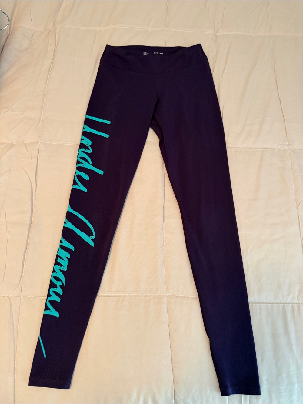 Under Armour Purple Leggings with Teal Script Side Logo XS
